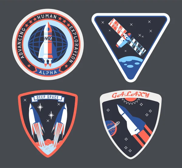 Set isolierter Astronauten- oder Kosmonautenpatches, Zeichen — Stockvektor