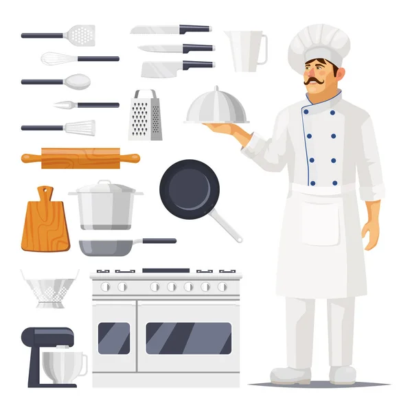 Conjunto de utensilio de cocina aislado y cocinar con sombrero — Archivo Imágenes Vectoriales