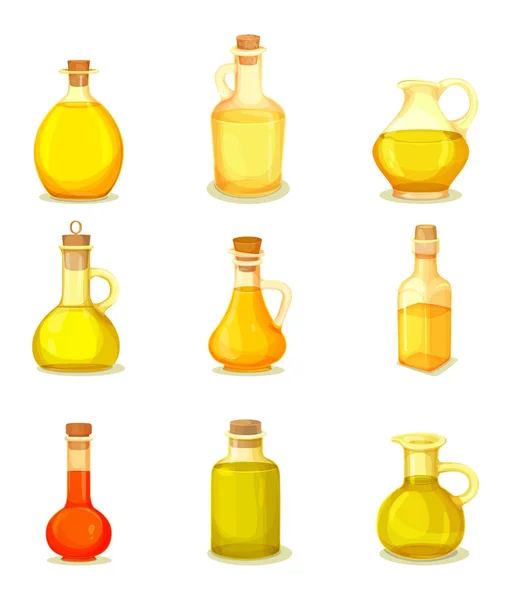 Set isolierter Gläser oder Flaschen mit Ölprodukt — Stockvektor