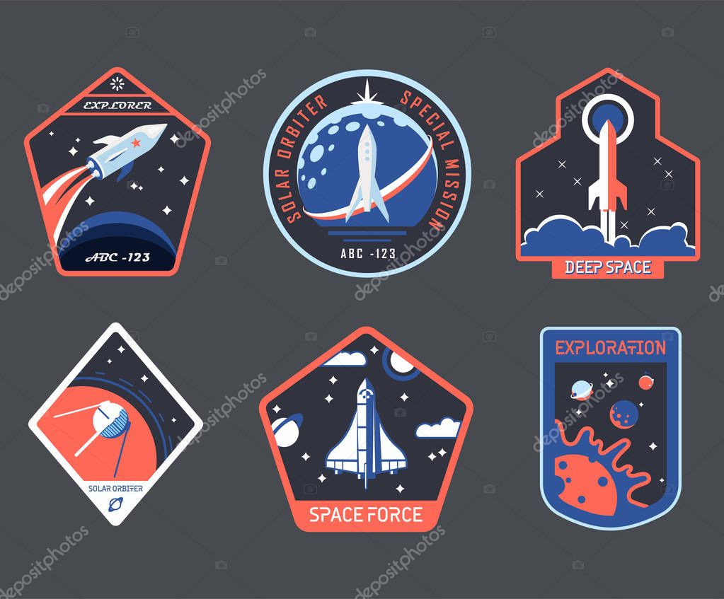 Set of isolated cosmos or universe concept chevron or astronaut patch, galaxy explorer stripe or cosmonaut retro badge. Logo with shuttle and rocket, satellite and solar system. Mars exploration theme
