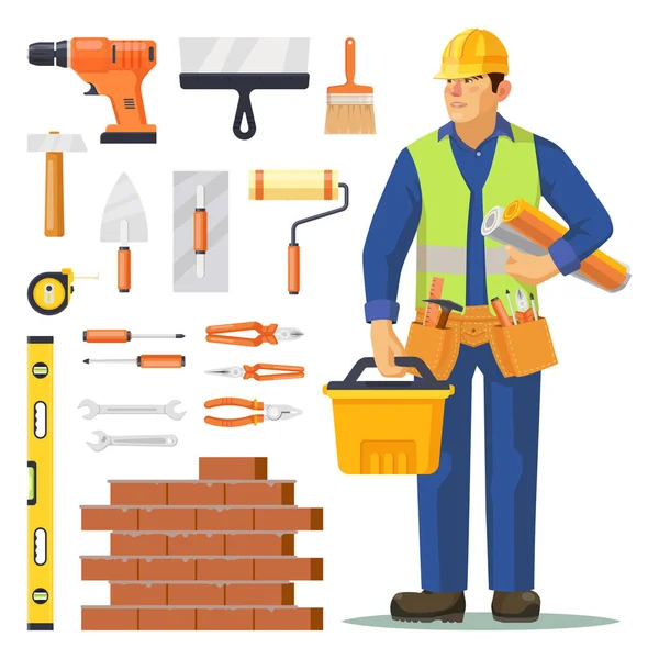 Constructor hombre e iconos para la construcción de edificios — Archivo Imágenes Vectoriales