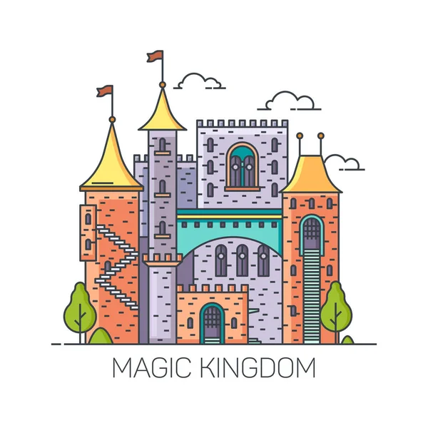 Castelo mágico de contos de fadas, fortificação princesa —  Vetores de Stock