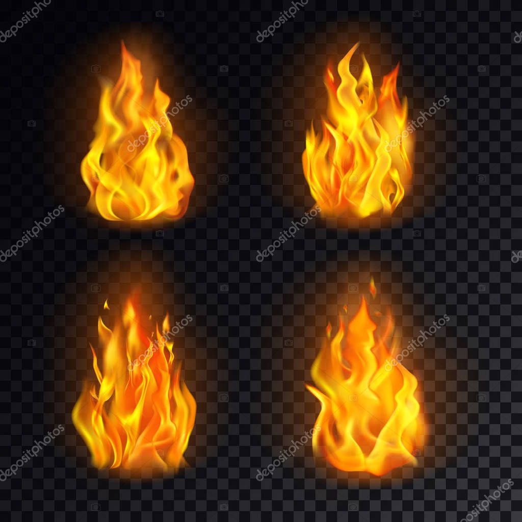 Set of isolated 3d fire or realistic burn, orange flame emoji on transparent background. Emoticon icon or bonfire logo, blaze or light, heat logo. Danger and energy, warning and flammable, hot theme