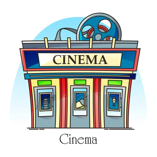 Bâtiment de cinéma en ligne mince vue extérieure. Façade — Image vectorielle