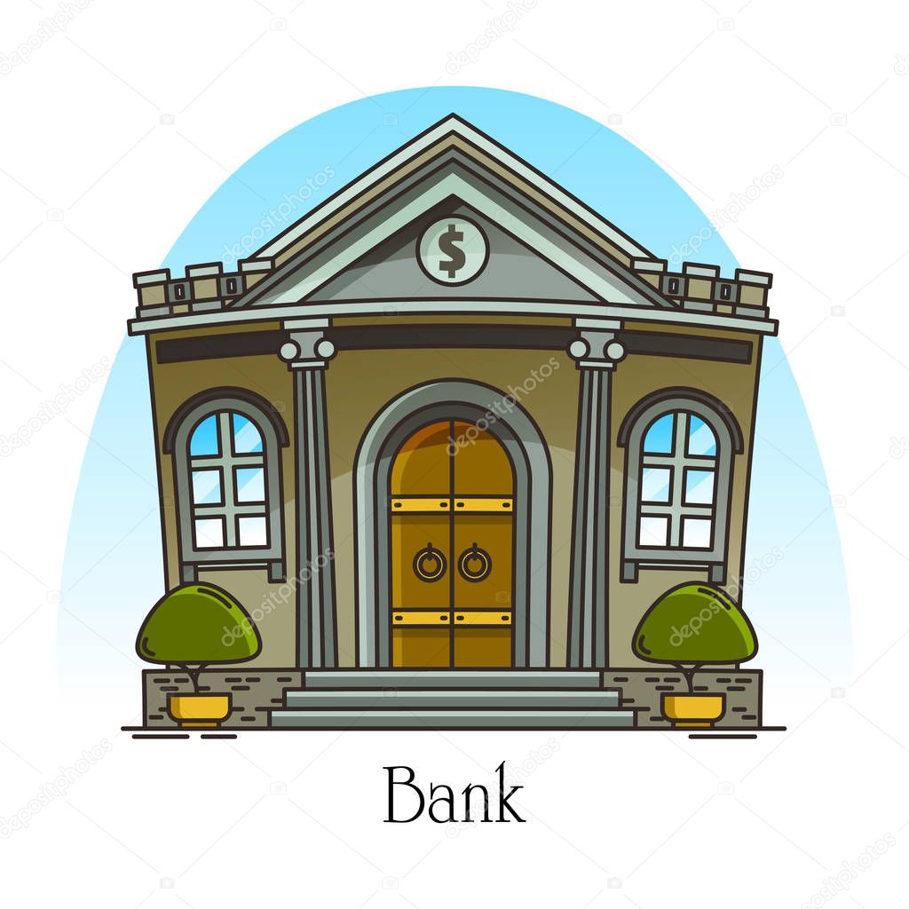 Cartoon bank building with column. Finance construction in thin line. Banking house with dollar sign. Urban financial landmark for money credit, loan. Banker structure facade.Architecture, sightseeing