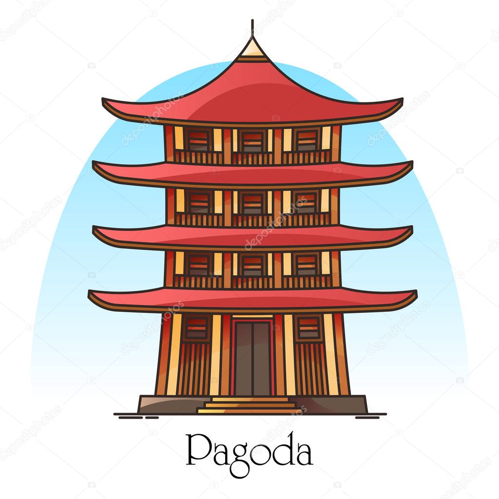 Japanese or chinese pagoda. China or Japan building with eaves. Religion tower panorama. Buddha or burma temple facade. Asian town or city worship place. Architecture and religion theme