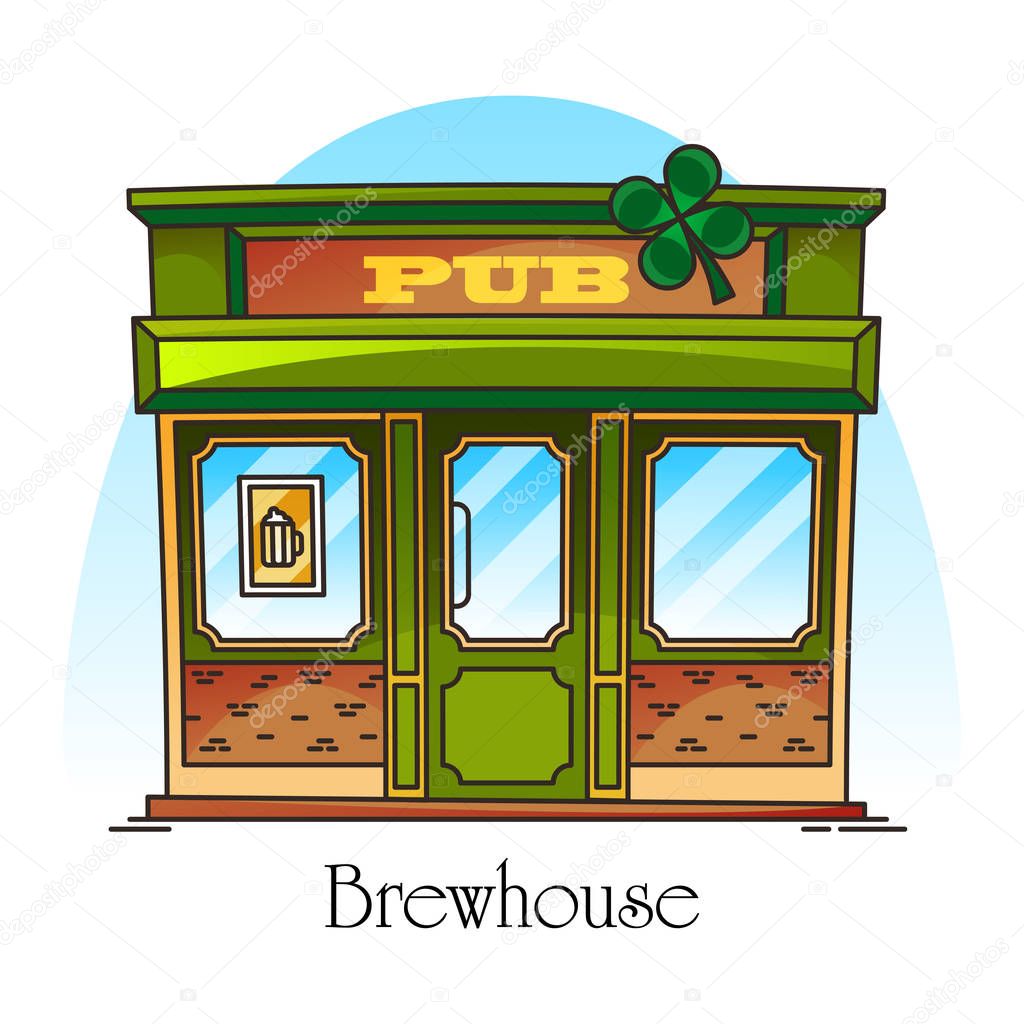 Bar or pub facade in thin line. Brewery, brewhouse