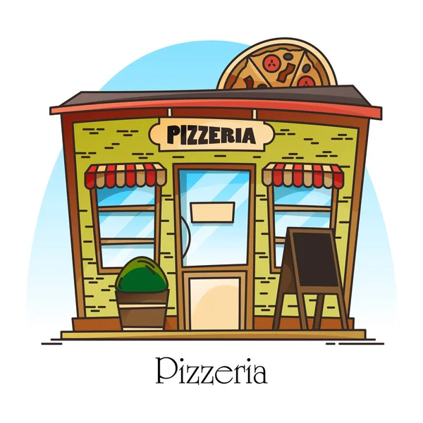 Edificio de pizzería con pizza en fachada. Tienda de alimentos — Vector de stock