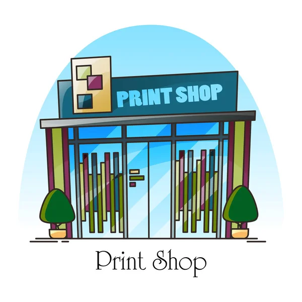 Print shop building facade in thin line. Exterior — Stock Vector