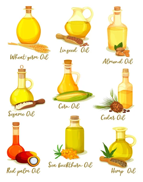 Zestaw pojedynczych butelek lub słoików z różnymi olejkami — Wektor stockowy