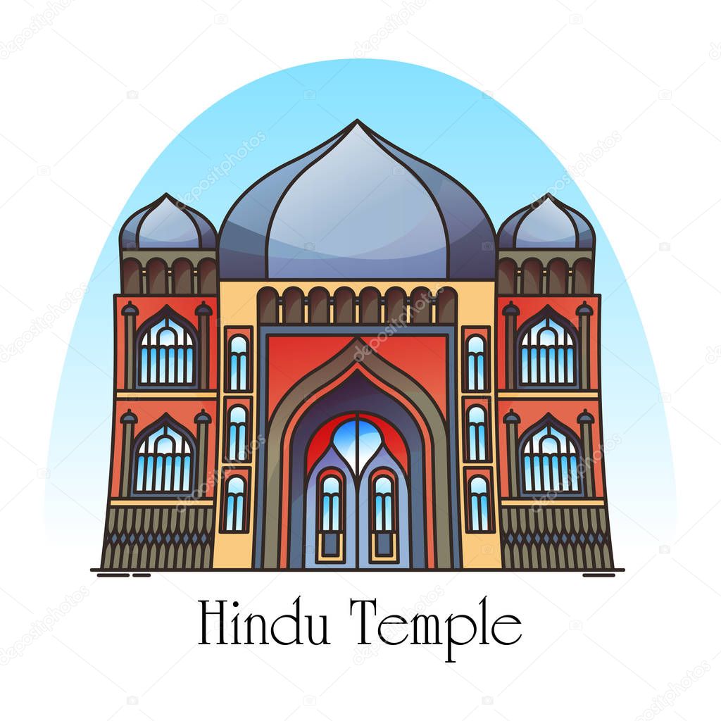 Exterior view of hindu temple in thin line. Mandir building facade. Religious construction for India and Cambodia, nepal and vietnam. Asia structure for pray or worship.Architecture, religion landmark