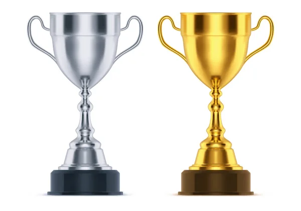 3d silver and golden cups, set of realistic trophy — Stock Vector