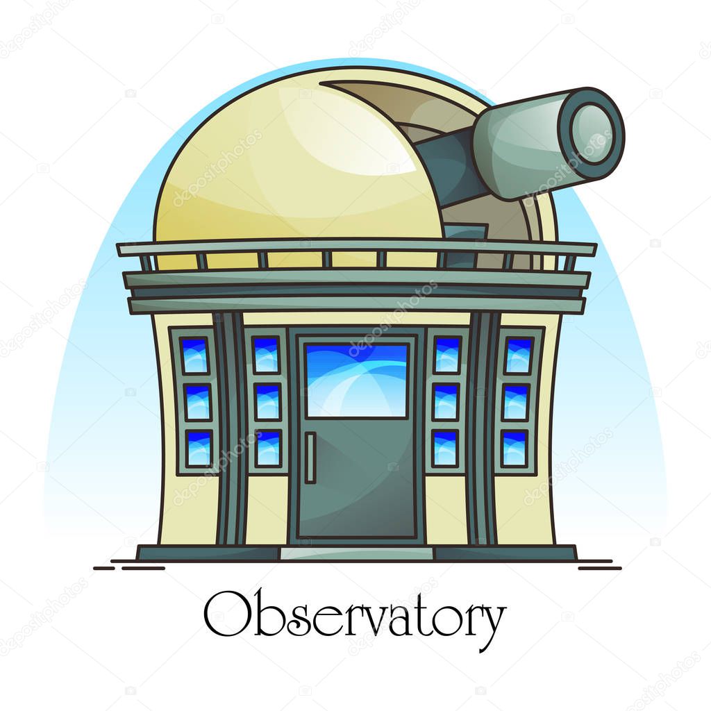 Planetarium building with telescope in dome. Observatory facade exterior or outdoor view. Science and astronomy, sky and cosmos, universe panorama. Construction or structure for planet observing