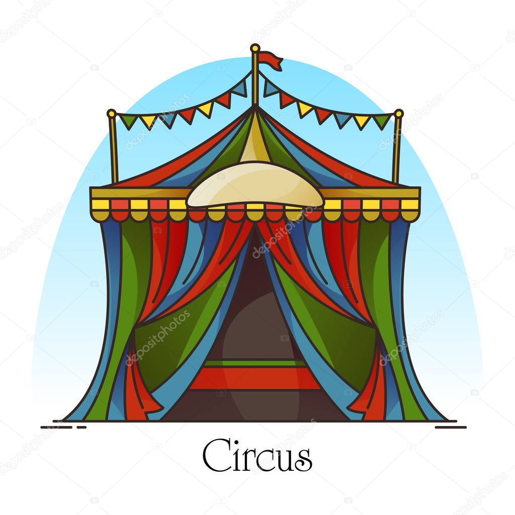 Circus tent or building for entertaining, carnival place. Marquee or bivouac, camp for festival, structure for performance. Stripped arena banner or premiere poster. Recreation and festive theme