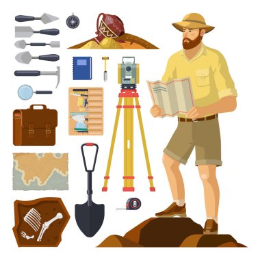 Archaeologist near archaeology items. Paleontology clipart