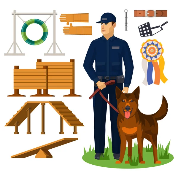 Entrenador de perros y obstáculos agilidad. Policía. — Vector de stock