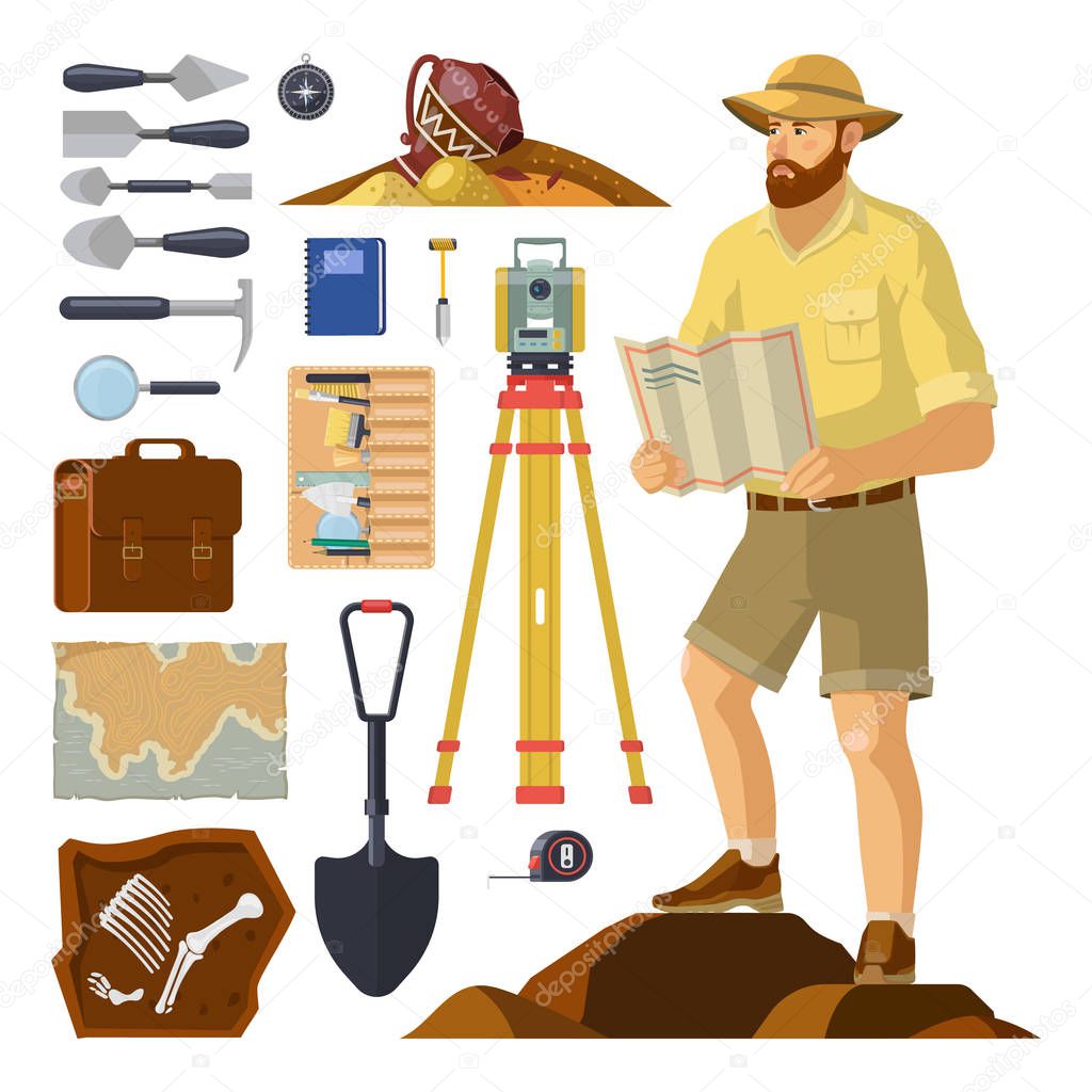 Archaeologist near archaeology items. Paleontology
