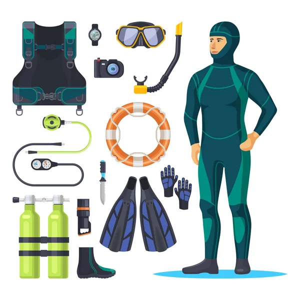 Buceador en traje de buceo, hombre de snorkel . — Vector de stock