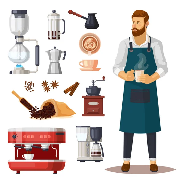 Чоловік з чашкою кави біля предметів кави — стоковий вектор