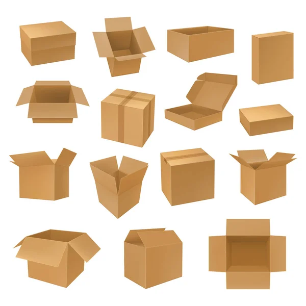 Set of isolated isometric 3d carton boxes. — Stock Vector