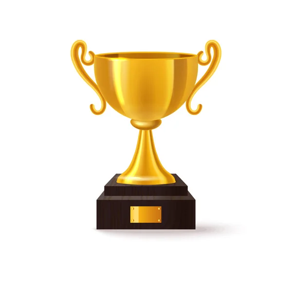 Stoisko ze złotym trofeum 3D, realistyczny Puchar Zdobywcy — Wektor stockowy
