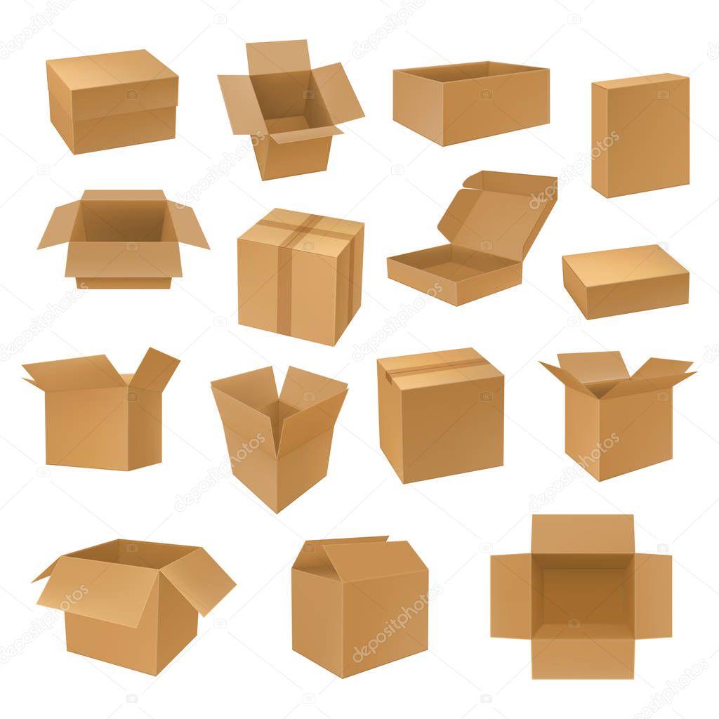 Set of isolated isometric 3d carton boxes.