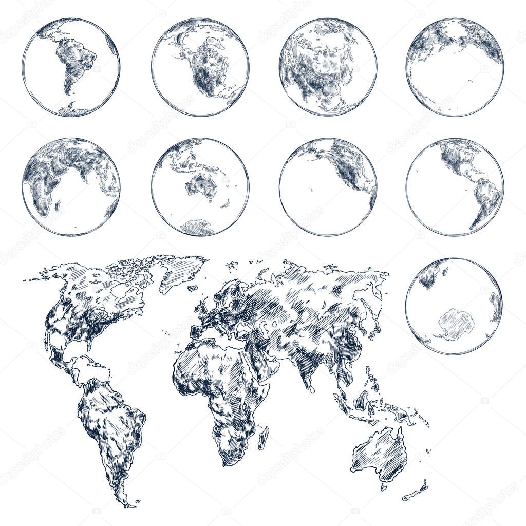 Sketch of earth planet continents. World map