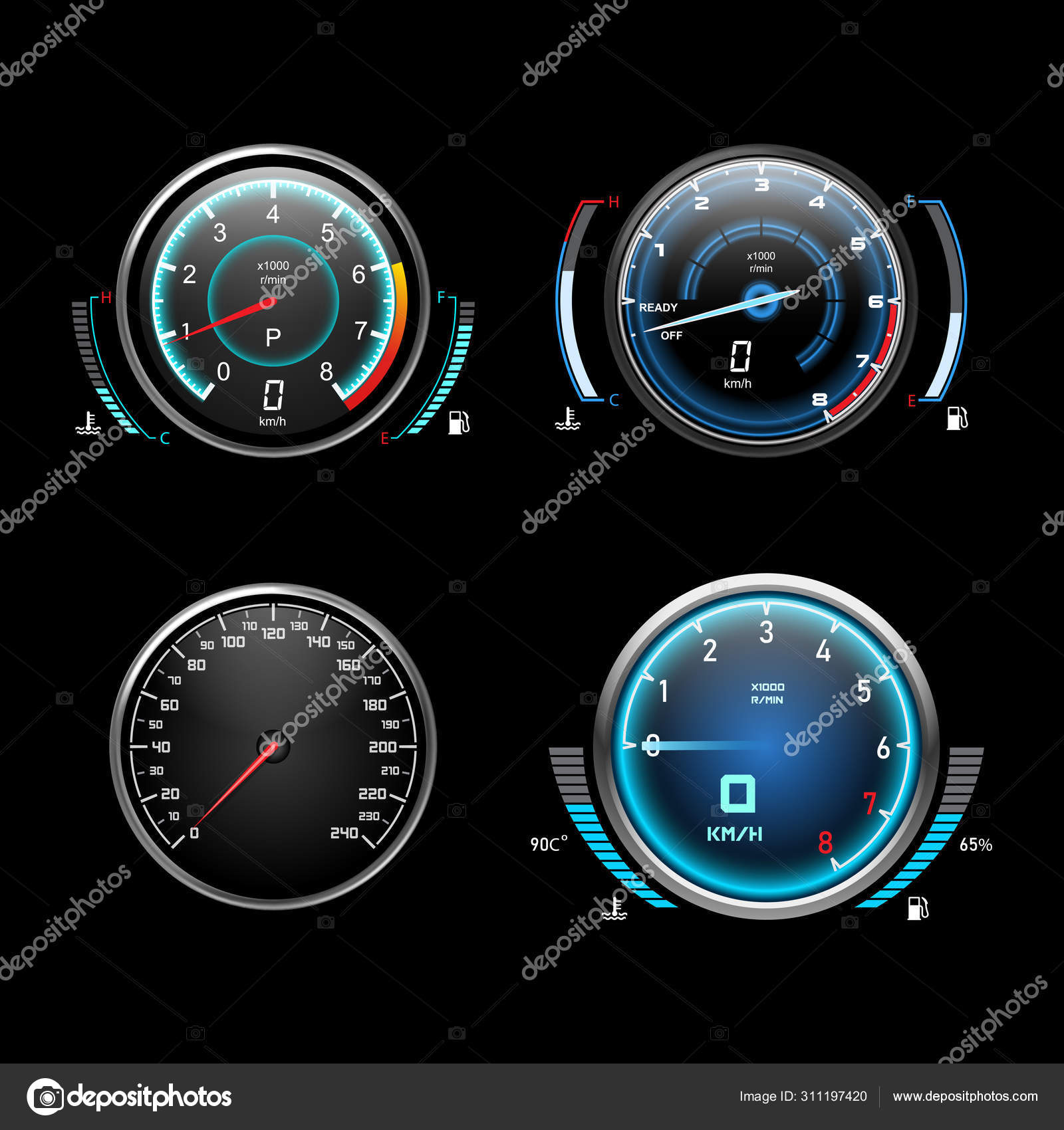 Car dashboard speedometer, tachometer and fuel gauges Stock Vector by  ©cookamoto 311197420