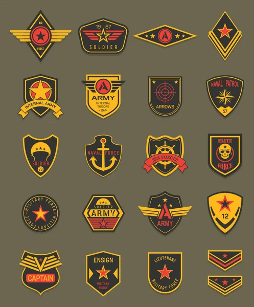 Patchs militaires, chevrons de l'armée, boucliers des forces aériennes — Image vectorielle