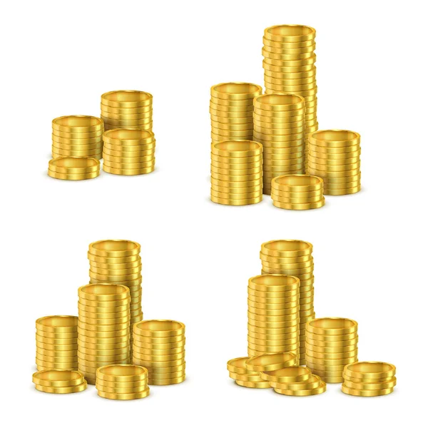 Złote monety stosy, złoto gotówka stos wektor realistyczny 3d — Wektor stockowy