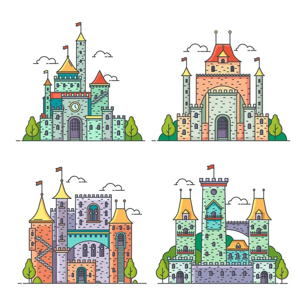 Castelos de desenhos animados, palácio do reino, fortaleza medieval —  Vetores de Stock