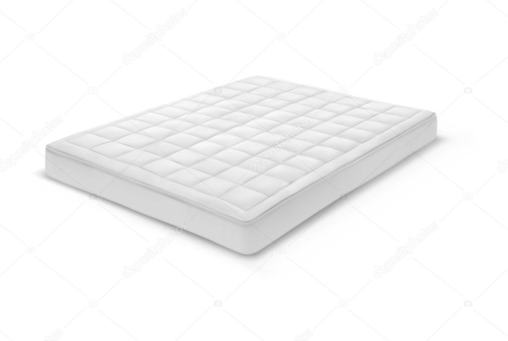 3d double white mattress isolated. Realistic orthopedic sleeping bed item. Comfortable cotton accessory for bedroom. Bedspread and lodging sleep, bedroom icon or logo. Rest and bedchamber