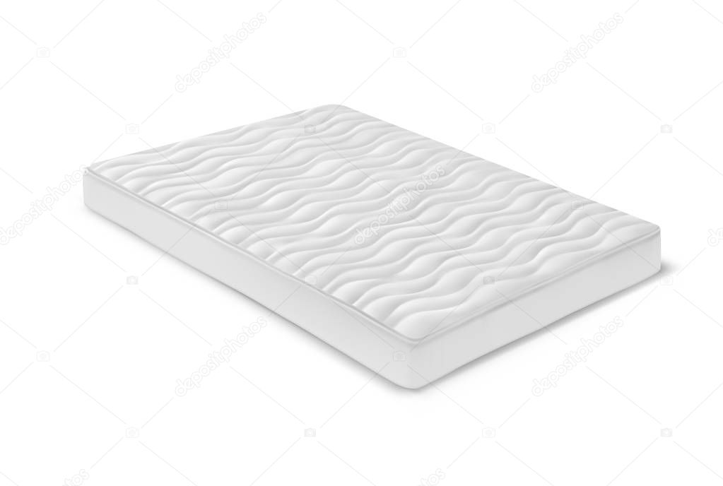 White isometric mattress for bed. Realistic or 3d cover with shadow. Bedroom or bedchamber, sleeping room icon. Rectangle cotton material for sleep. Textile and cushion, bedding and comfortable theme