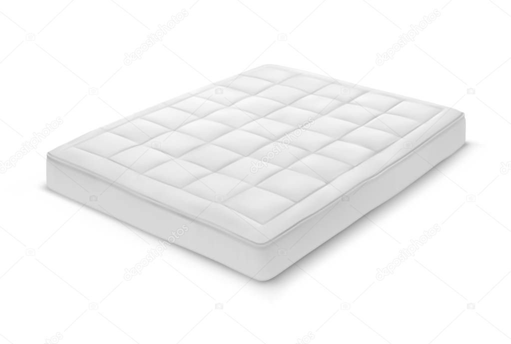 Realistic white mattress with shadow. Icon of object for sleeping or rest. Sleep logo with cotton material and texture. Isometric view on bed cover. Bedroom and sleep, bedspread and home, orthopedic