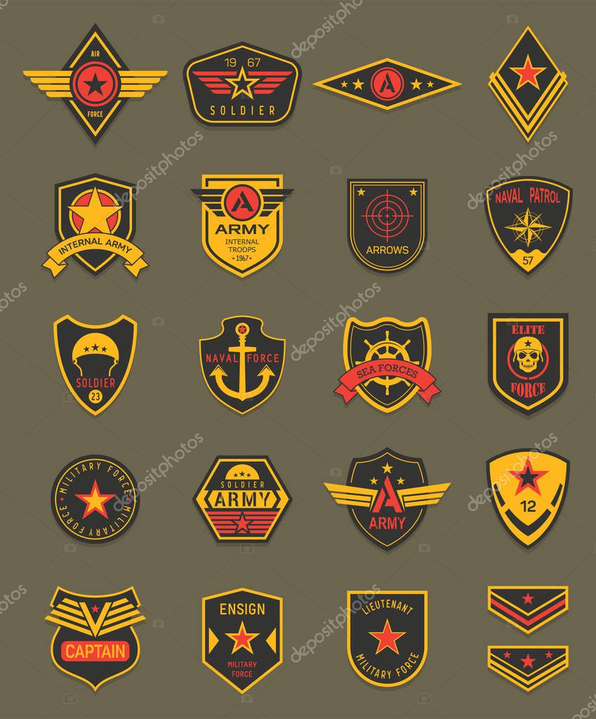 Military patches, chevrons and army badges vector templates. Marine patrol, naval and air military forces, captain patch emblem shields with stars, ribbons, heraldic wings, navy anchor and skull