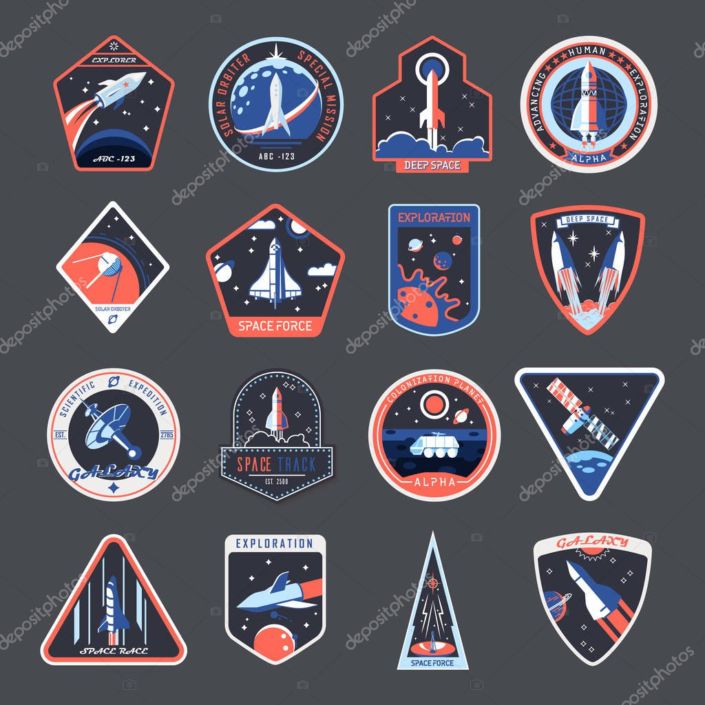 Space patches, galaxy exploration and astronaut mission vector badges and spaceship emblems. Vintage t shirt print design, space forces rocket, mars and moon expedition shuttle