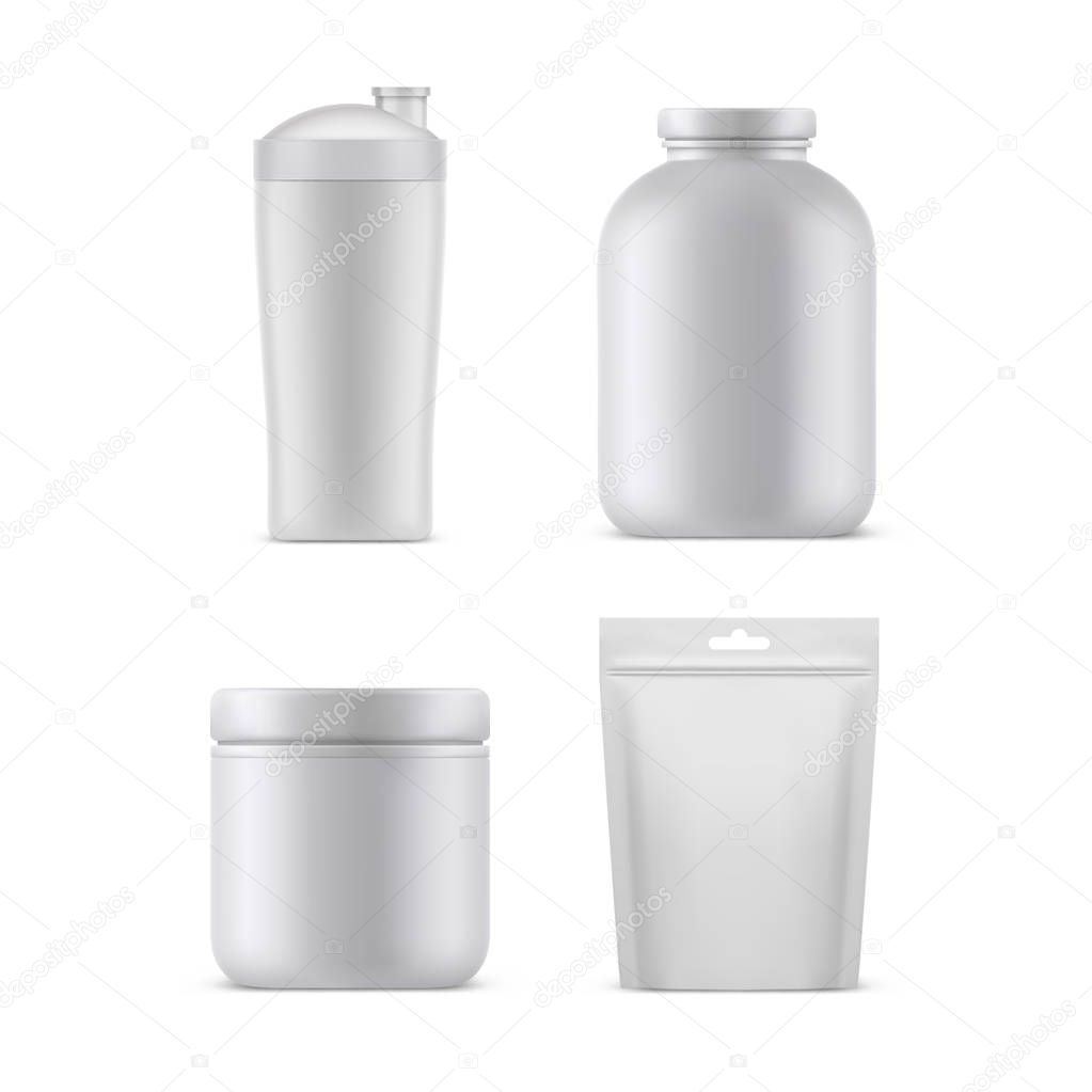 Download Sport Nutrition Supplements Containers And Packages Vector Realistic White Blank 3d Mockup Templates Isolated Protein Plastic Jar Gym Shaker Bottle Bcaa Can And Gainer Foil Bag Doy Pack With Zip Premium PSD Mockup Templates