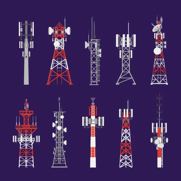 Torres de rádio, pólos de antena de telecomunicações — Vetor de Stock