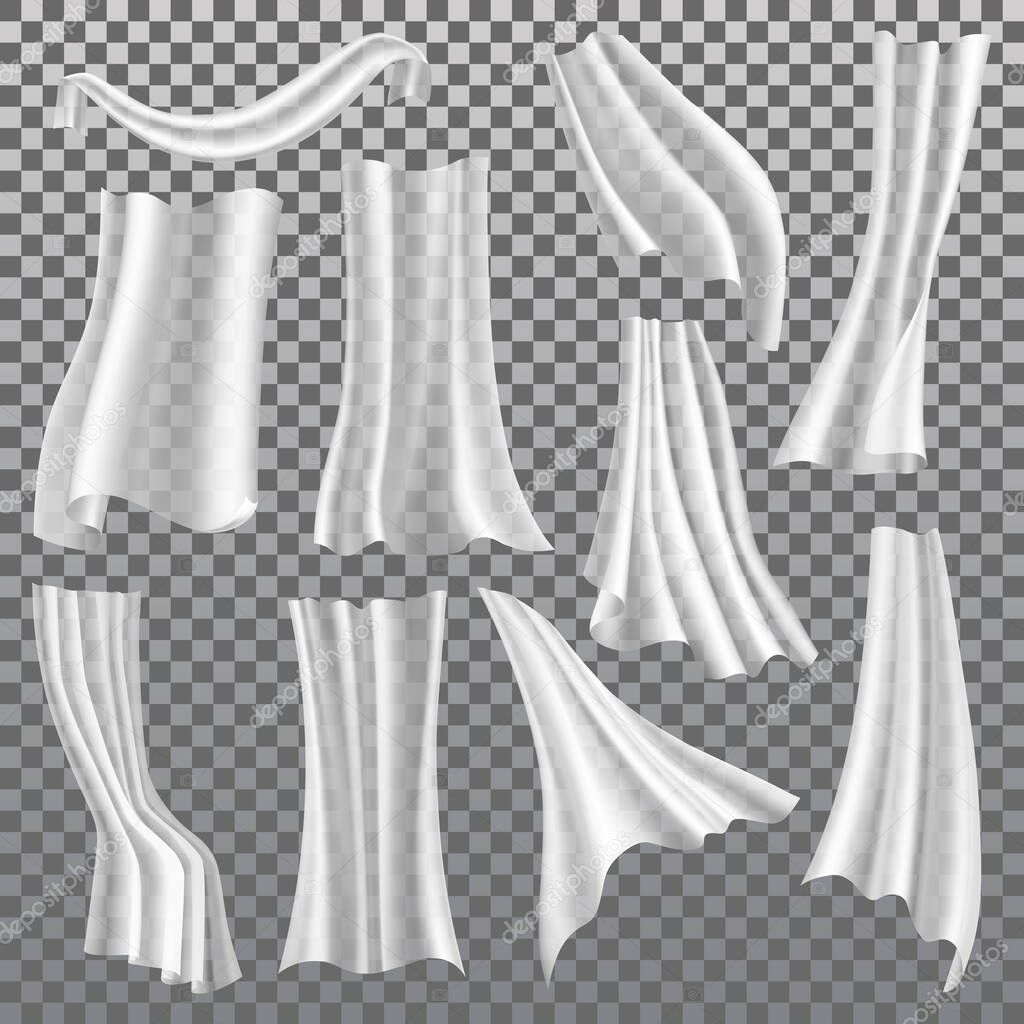 Transparent curtains, white drapery, vector 3D