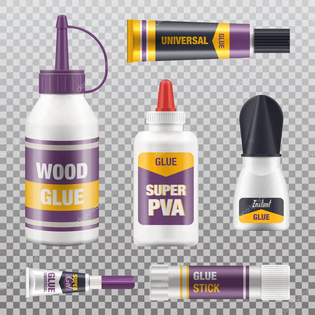 Download Glue Tubes And Different Adhesives Package Vector Isolated Realistic 3d Mockups For Branding Universal Super Glue In Plastic Bottle With Red Cap Pva And Glue Stick On Transparent Background Premium Vector PSD Mockup Templates