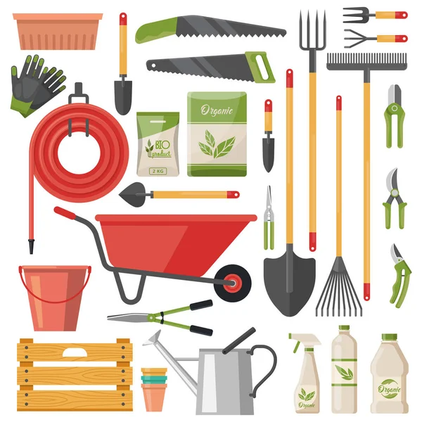 Conjunto de ferramentas de jardim isoladas ou itens de jardineiro — Vetor de Stock
