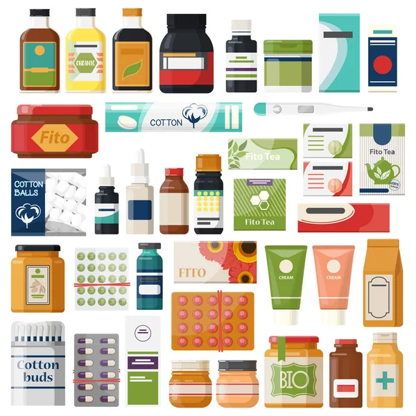 Set of isolated pharmacy items or medicine drugs, — Stock vektor