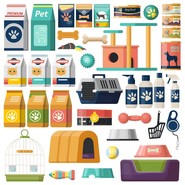 Conjunto de itens isolados para animais de estimação, alimentos para cães e gatos — Vetor de Stock
