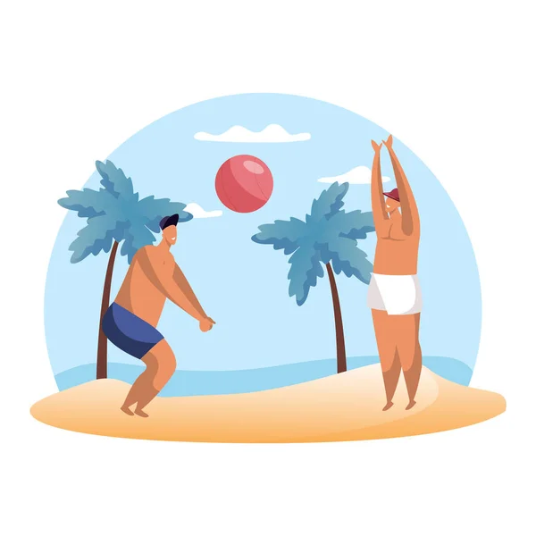Gente de dibujos animados jugando voleibol de verano en la playa — Vector de stock