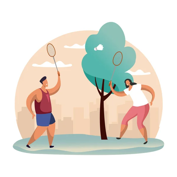 Pareja jugando al bádminton en bosque o madera — Vector de stock