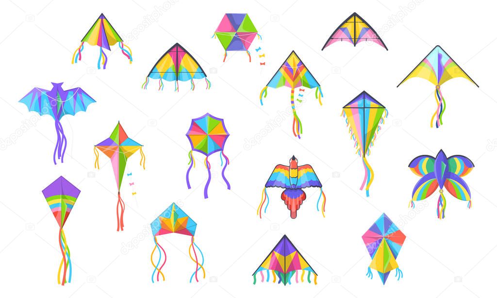 Flying kites, colorful bird, butterfly and bat shapes