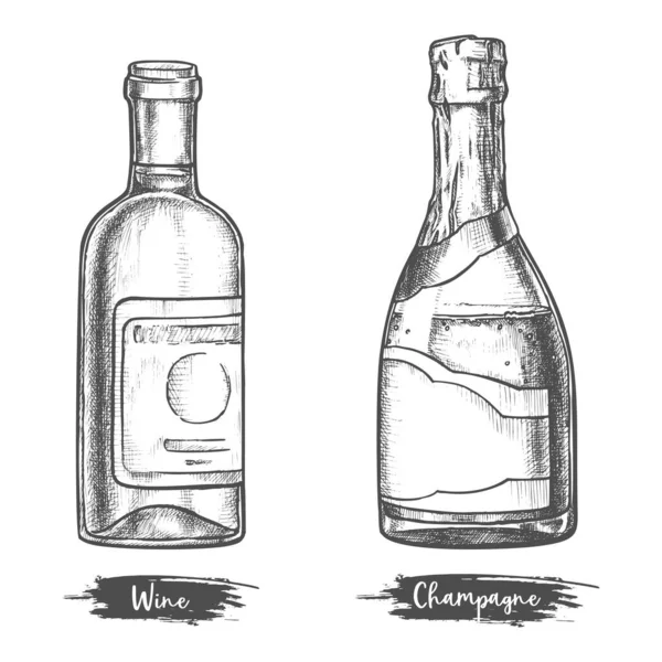 Alcohol drink bottles sketch of wine and champagne — Stock Vector