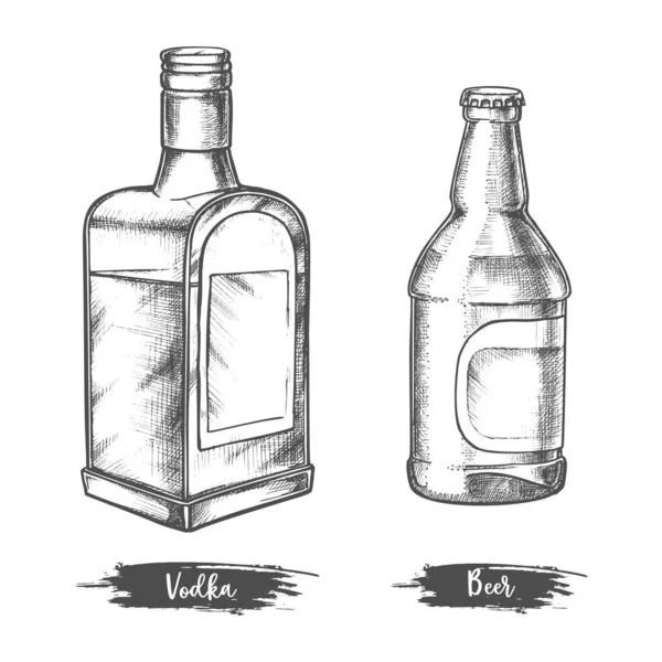 Bebida alcoólica garrafas esboço de vodka e cerveja — Vetor de Stock