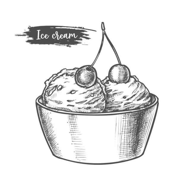 Produits laitiers croquis dessert à la crème glacée dans un bol — Image vectorielle