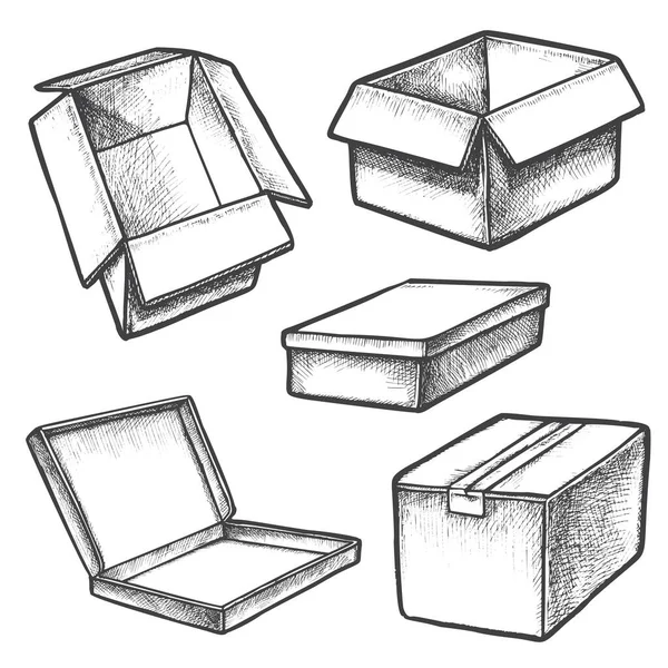箱のスケッチや貨物コンテナのセット。パッケージ — ストックベクタ